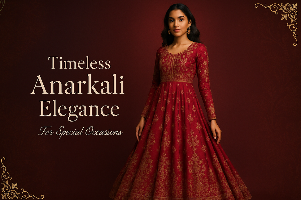Woman wearing a red anarkali dress with intricate patterns on a dark red background, text 'Timeless Anarkali Elegance For Special Occasions'.